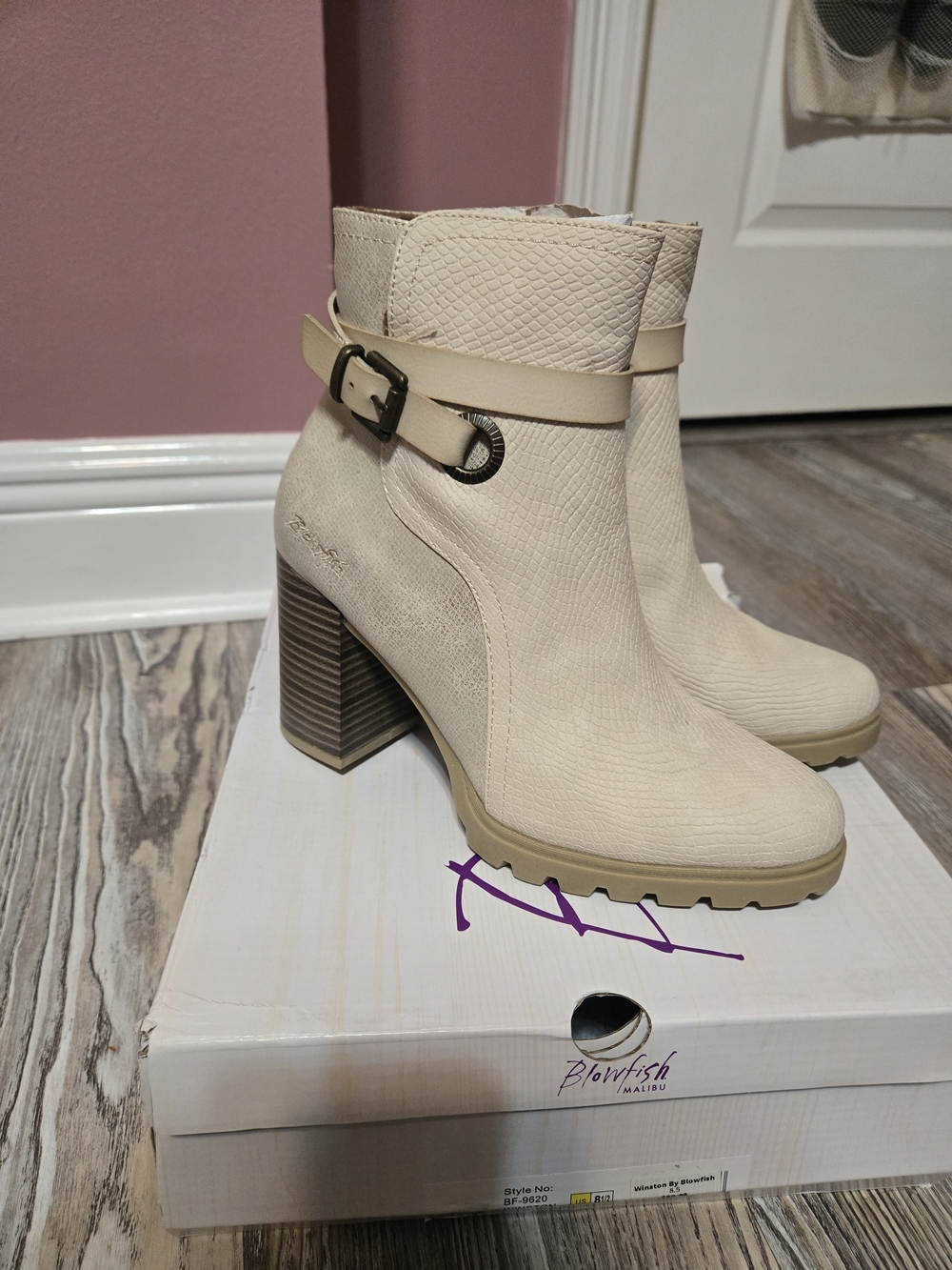 Blowfish Cream Textured Block Heel Ankle Boots